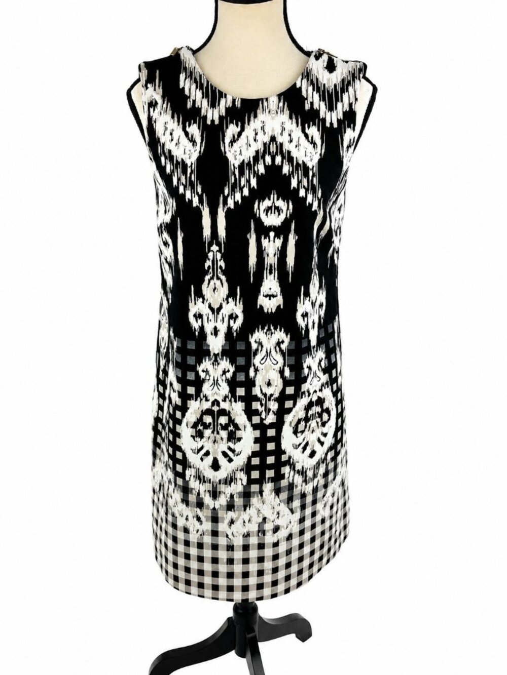 AB STUDIO Womens Black White Ikat Gingham Sleeveless Shift Dress Size 2